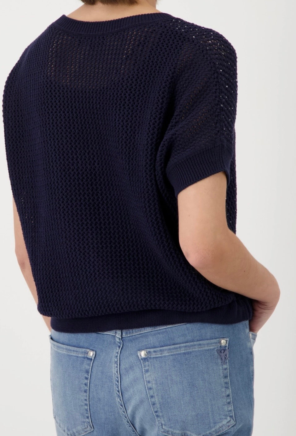 Ajour knitted jumper with rhinestones in marine