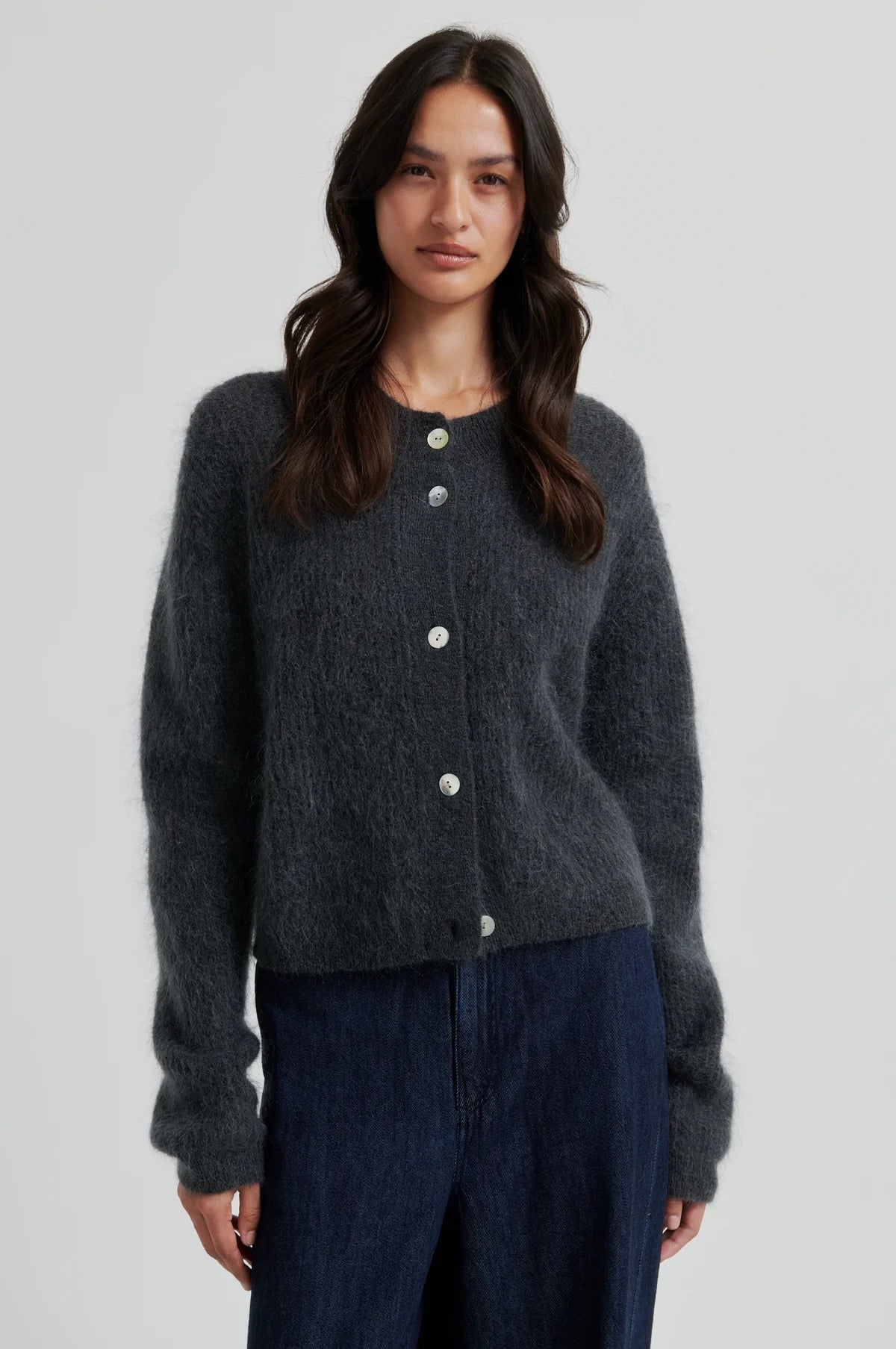 Andrea Knit Rib LS Cardigan in volcanic ash