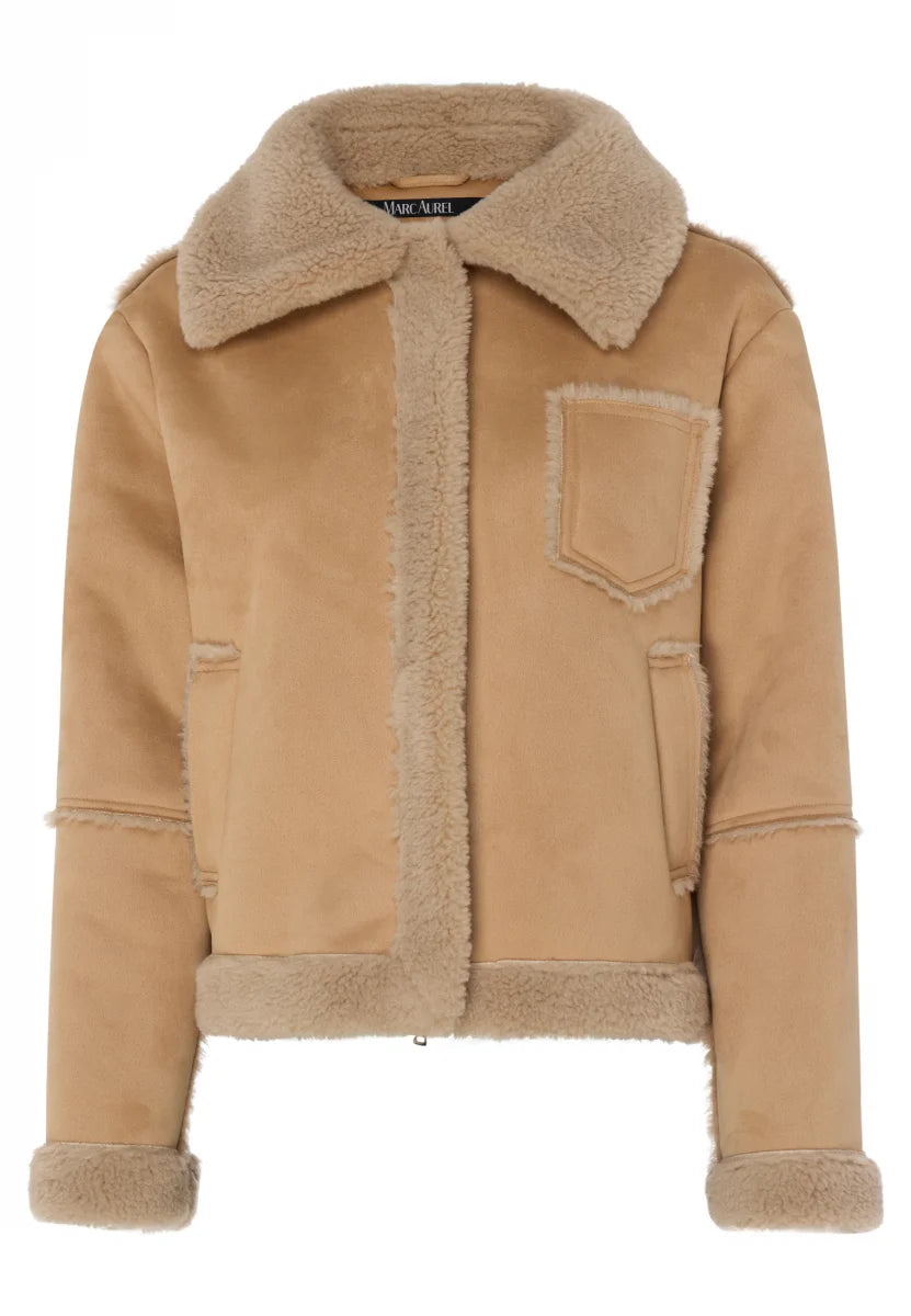 Faux fur jacket in shirt style in beige