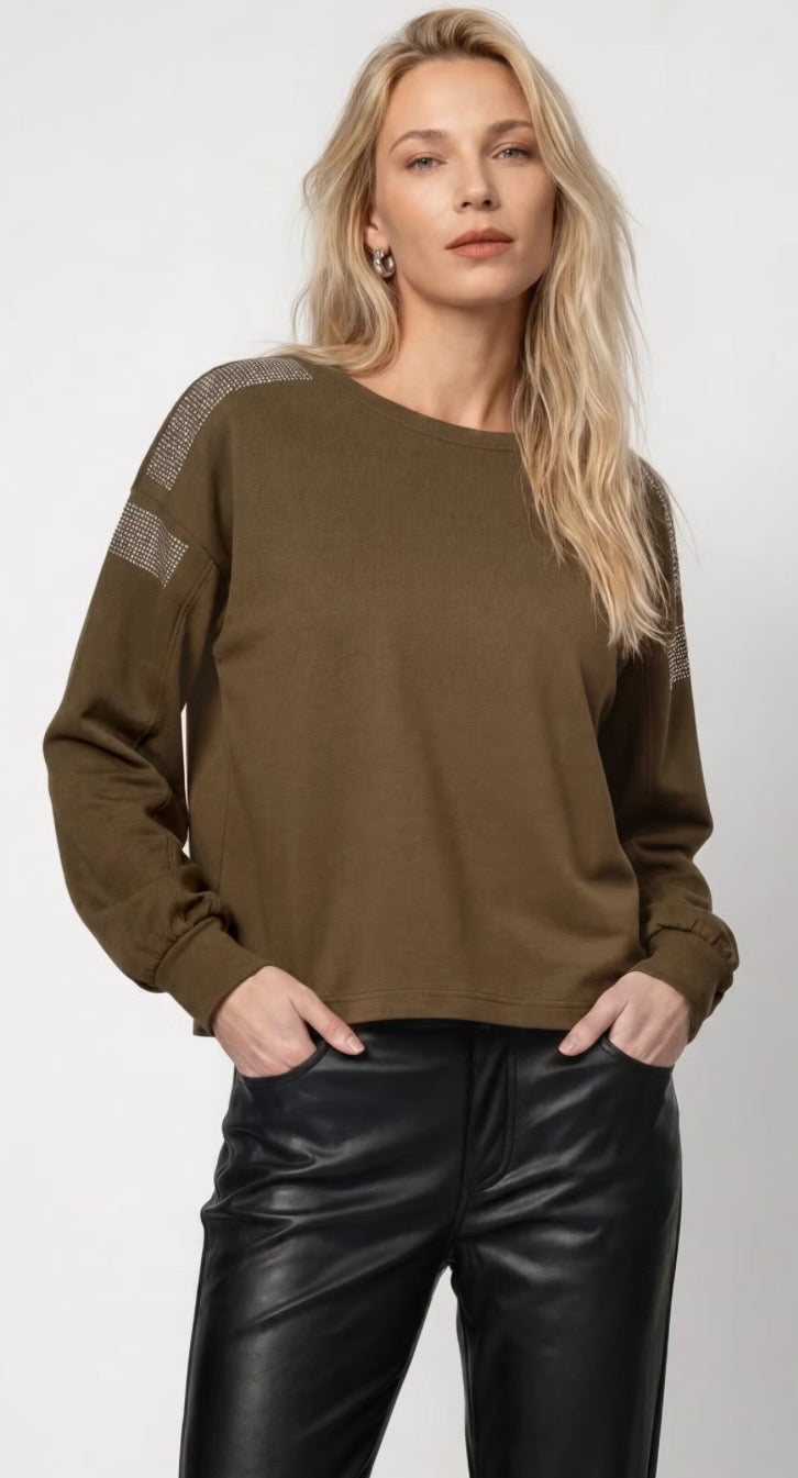 NEW-SWEATSHIRT WITH RHINESTONE DETAILS
COLOR: Olive