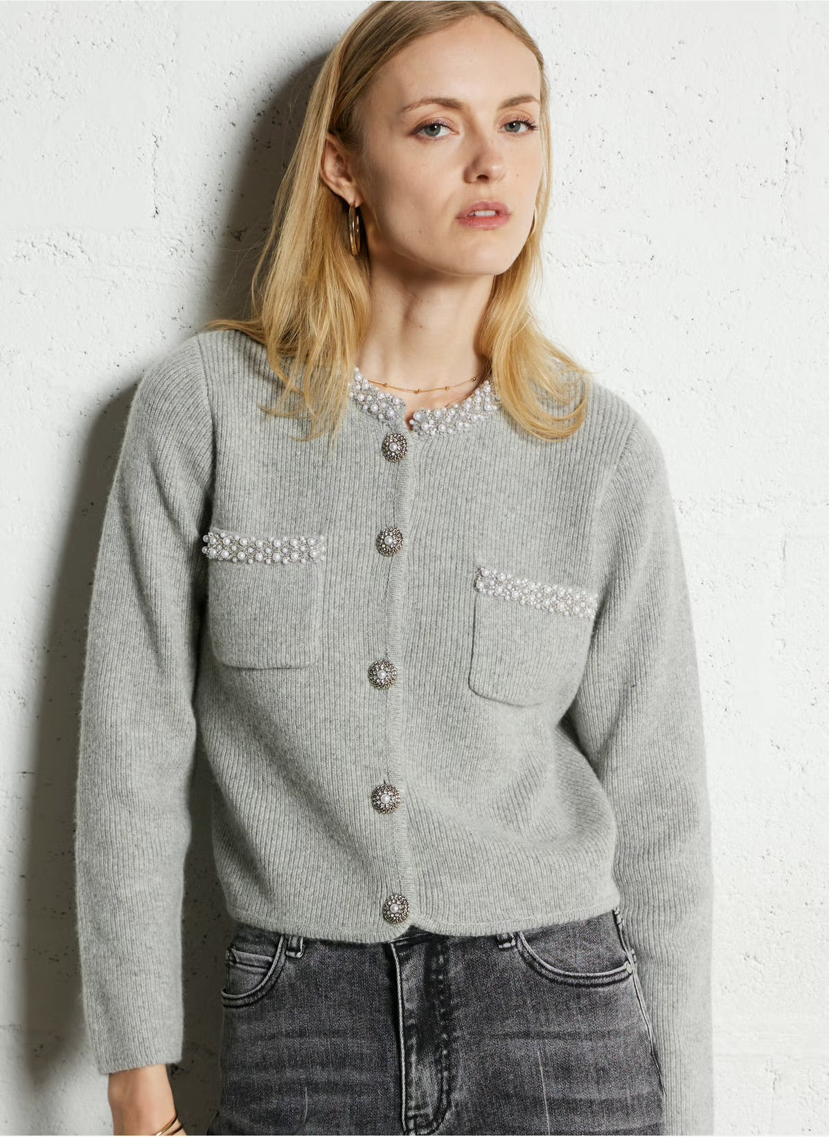 Suncoo
Round-neck mixed-knit cardigan - Grey – GILET GARVI