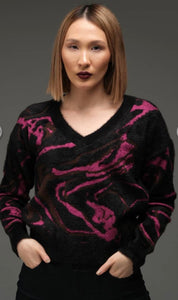 Animal Jacquard knit sweater with black fushia and bronze zebra V-neck