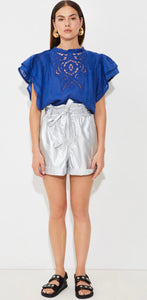 Love
Embroidered linen voile blouse with ruffles in Bleu