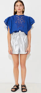 Love
Embroidered linen voile blouse with ruffles in Bleu