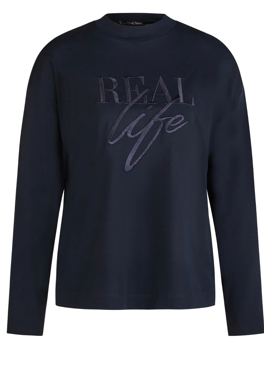 Long-sleeved navy top with tonal embroidery