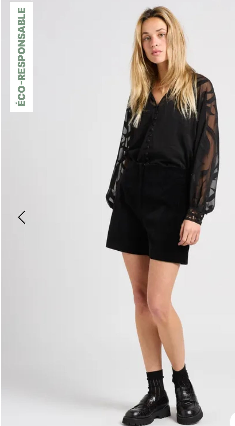 SUNCOO BLOUSE LISON - Black Straight V-neck blouse with patterns