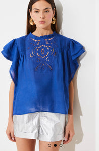 Love
Embroidered linen voile blouse with ruffles in Bleu