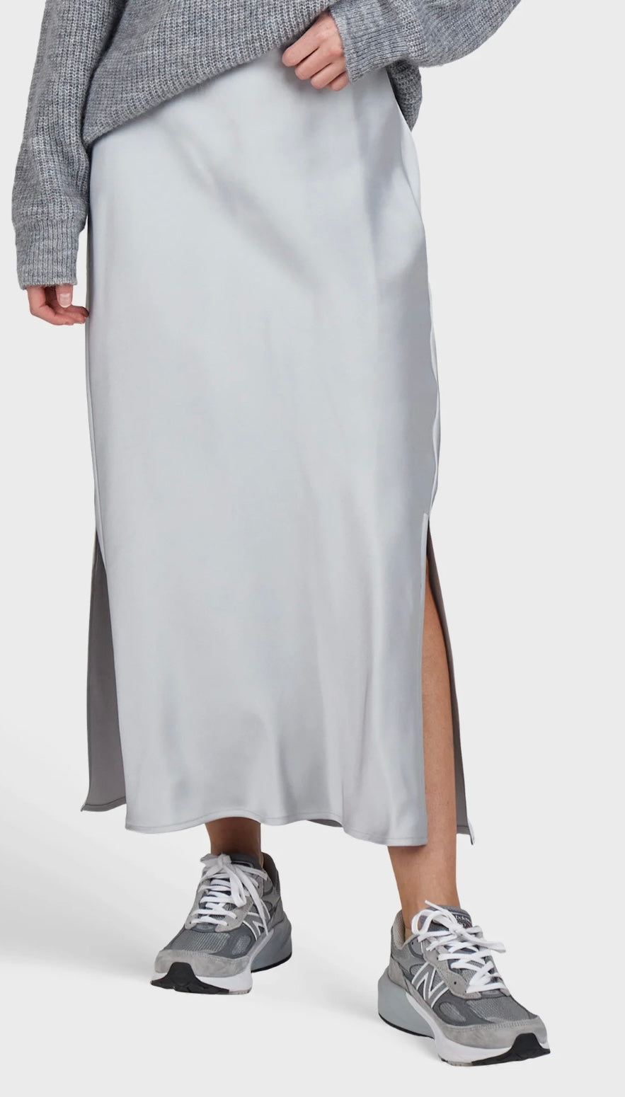 Stretch satin maxi skirt in silver gray