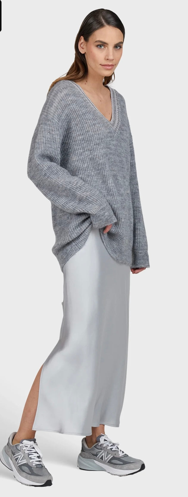 Stretch satin maxi skirt in silver gray