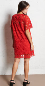 SUNCOO
CERISE - Red Short crochet round-neck dress