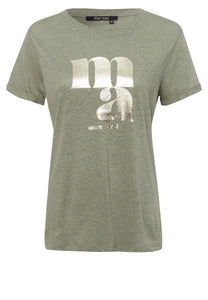 Linen shirt with metallic logo print in khaki