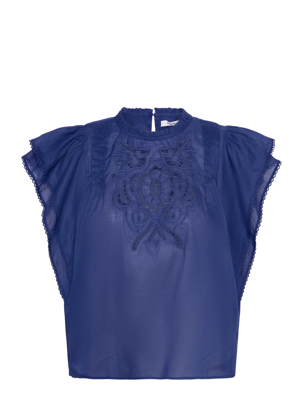 Love
Embroidered linen voile blouse with ruffles in Bleu