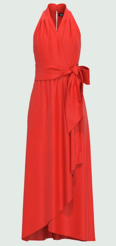 Midi halter neck dress featuring a darted waist. Sleeveless model with a crossover V-neckline. Concealed zip and button-embellished keyhole back fastening. Lined. High-low hem skirt with crossover detail on the front. Matching belt.
