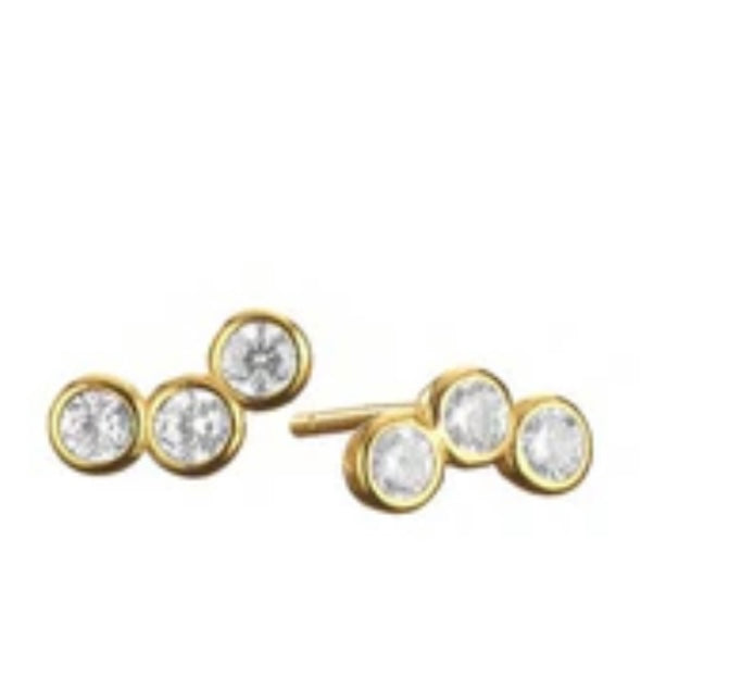 Gold 3 CZ Stud Earrings