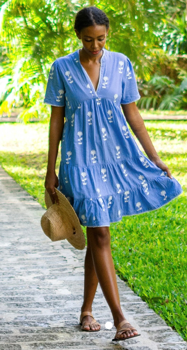 India Embroidered Dress  Organic Cotton Blue/White