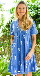 India Embroidered Dress  Organic Cotton Blue/White