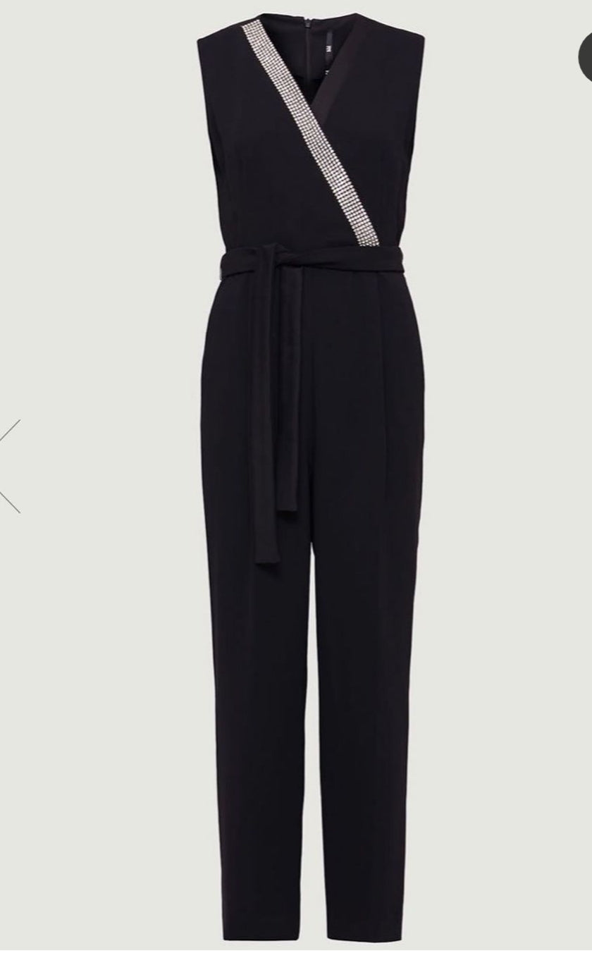 Black jumpsuit with neckline diamante detail