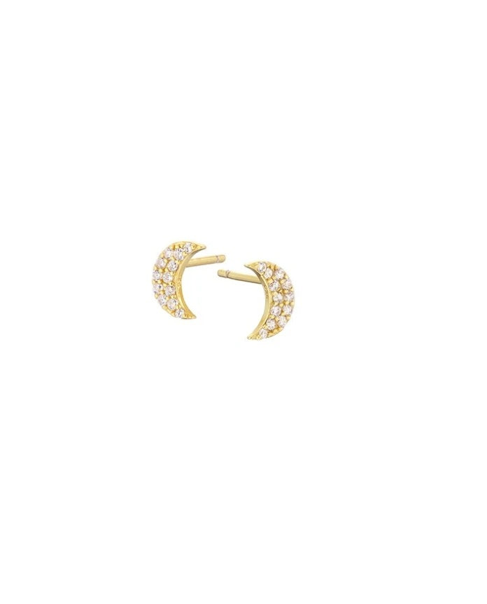 Gold Pave Crescent Moon Stud Earring