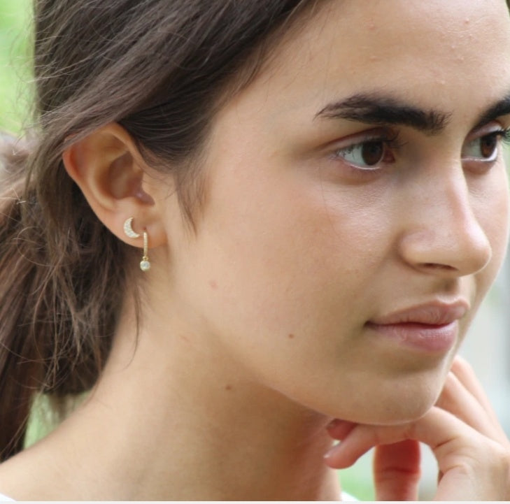 Gold Pave Crescent Moon Stud Earring