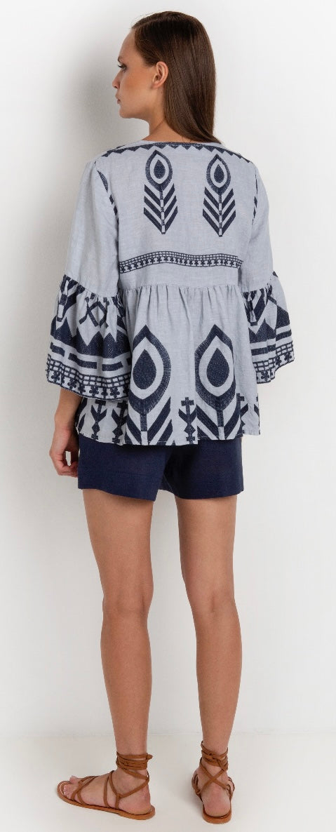 GREEK ARCHAIC KORI BLUE/NAVY V NECK TOP