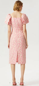 EXQUISE FLORAL PUFF SHOULDER MIDI DRESS,PINK