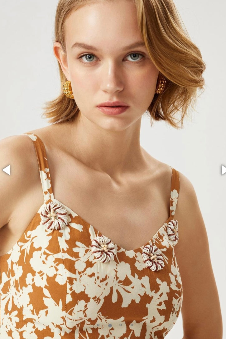 EXQUISE PRINTED NARROW STRAP MIDI DRESS BEIGE  MULTI