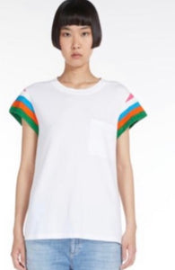White jersey tee with crochet coloured cap sleeves
