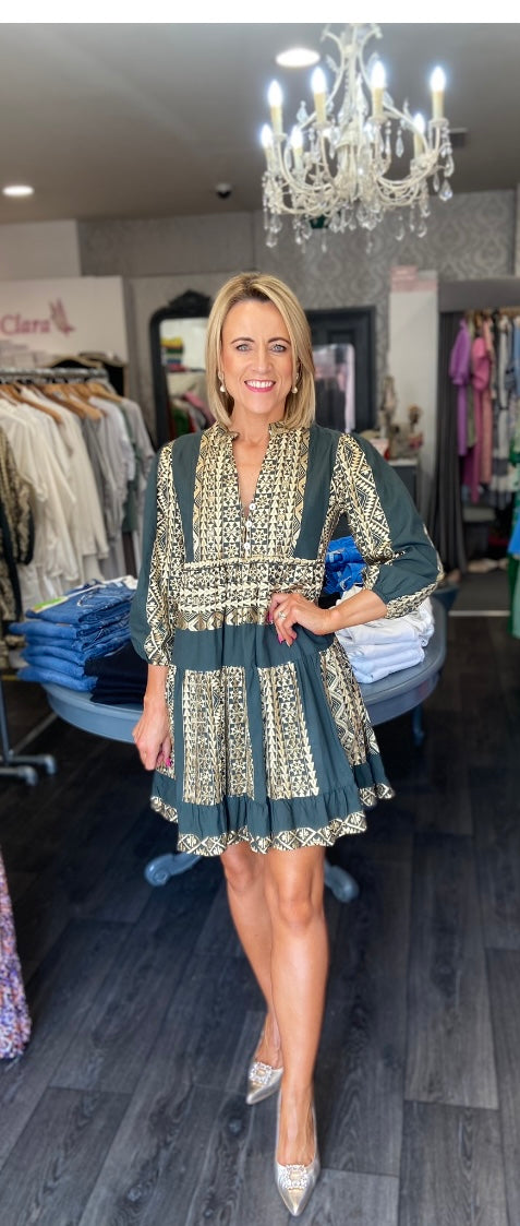 GREEK ARCHAIC KORI khaki & gold cotton dress embroidered dress GREEK ARCHAIC KORI khaki & gold cotton dress embroidered dress