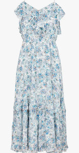 SUNCOO CARINE- Blue Printed midi dress with metallic threads