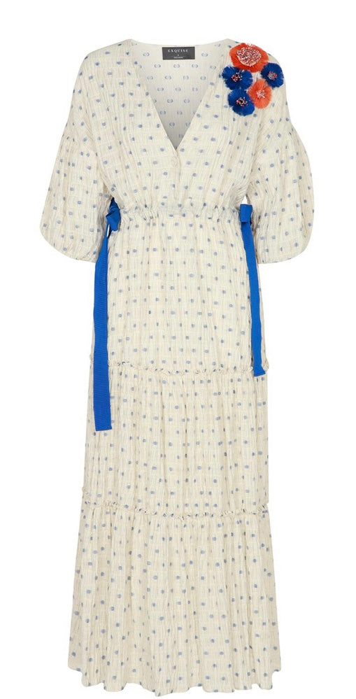 EXQUISE MIDI LENGTH DRESS WITH EMBELLISHMENTS AND COBALT BLUE TIE ON SIDES