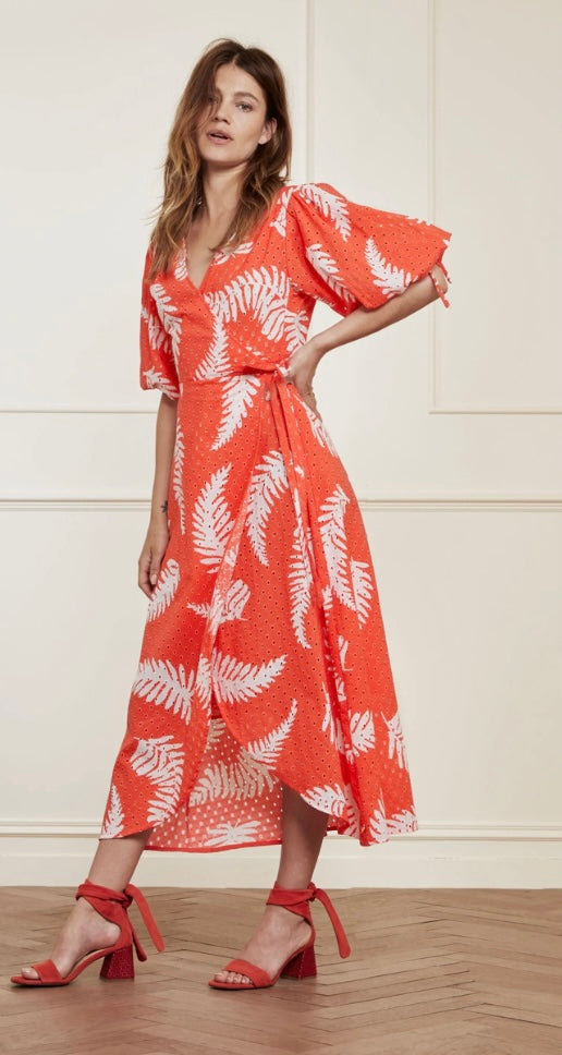 FABIENNE CHAPOT CHARLIE BRODERIE DRESS HOT CORAL/CREAM WHITE FAUX FERN