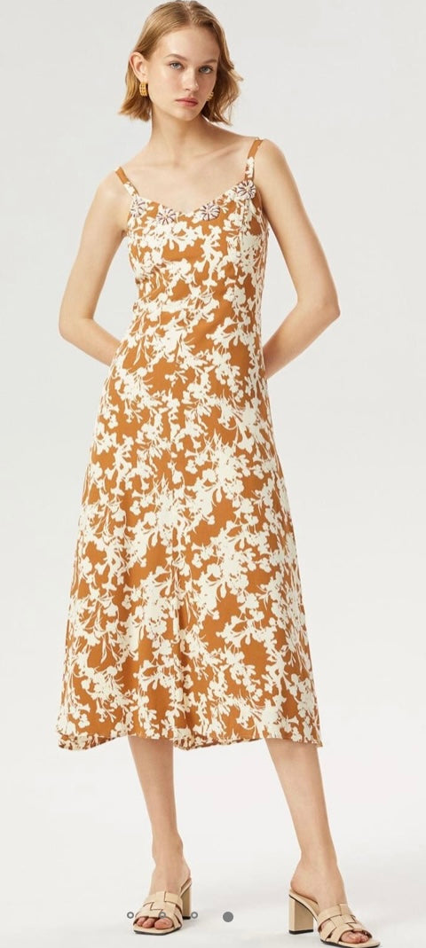 EXQUISE PRINTED NARROW STRAP MIDI DRESS BEIGE  MULTI