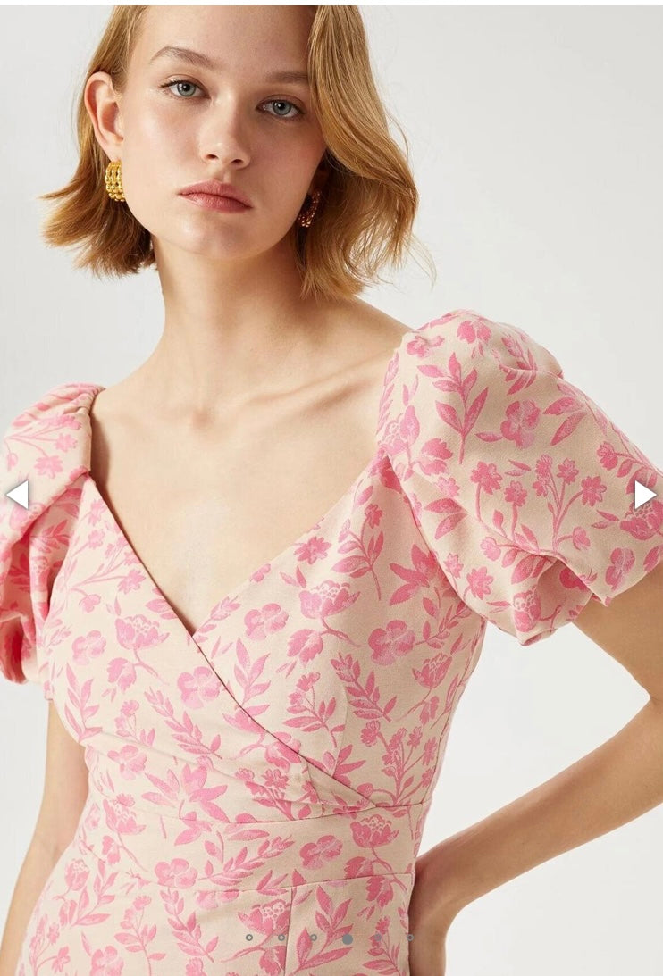 EXQUISE FLORAL PUFF SHOULDER MIDI DRESS,PINK