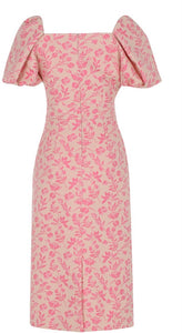 EXQUISE FLORAL PUFF SHOULDER MIDI DRESS,PINK