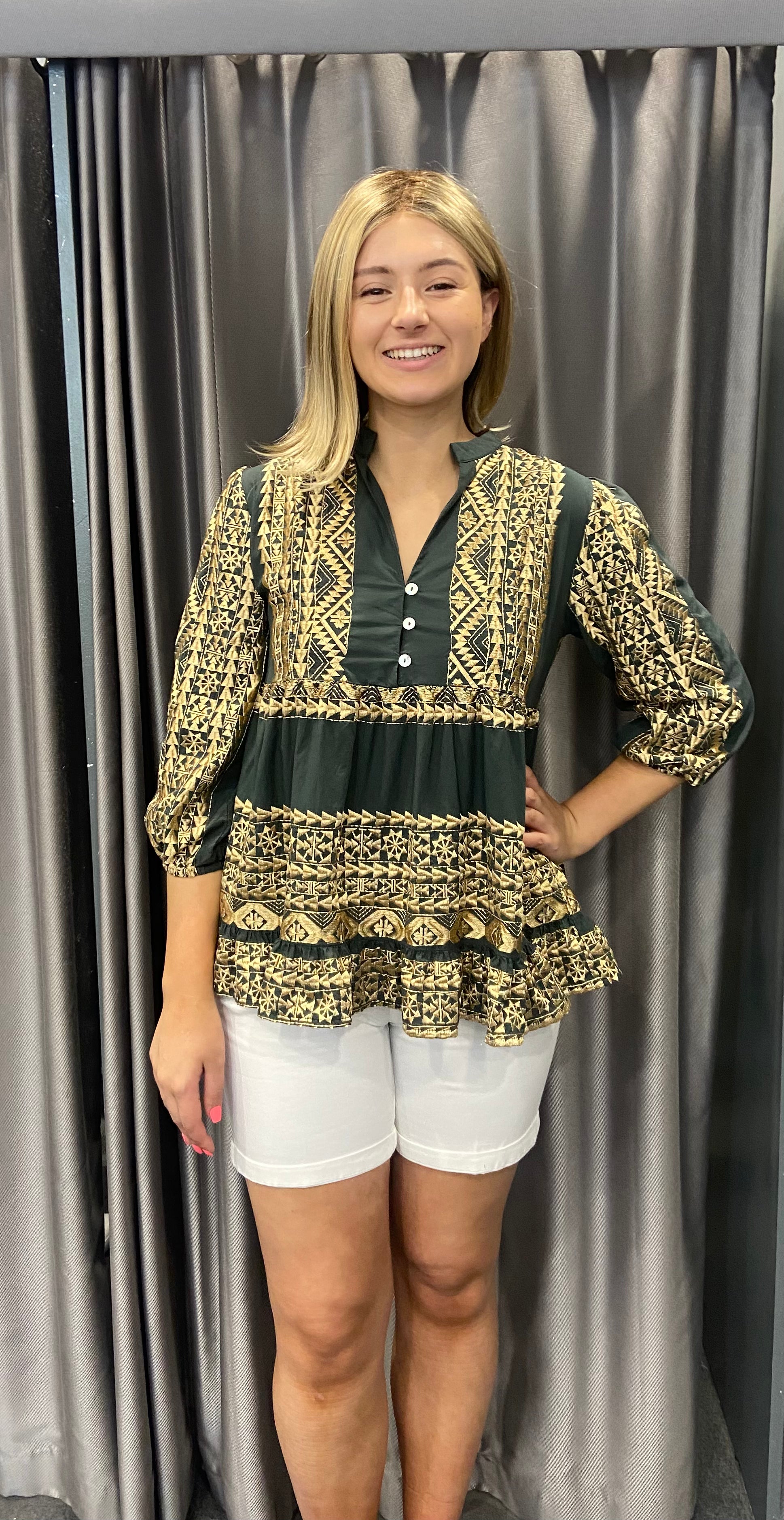 Greek archaic kori khaki & gold top