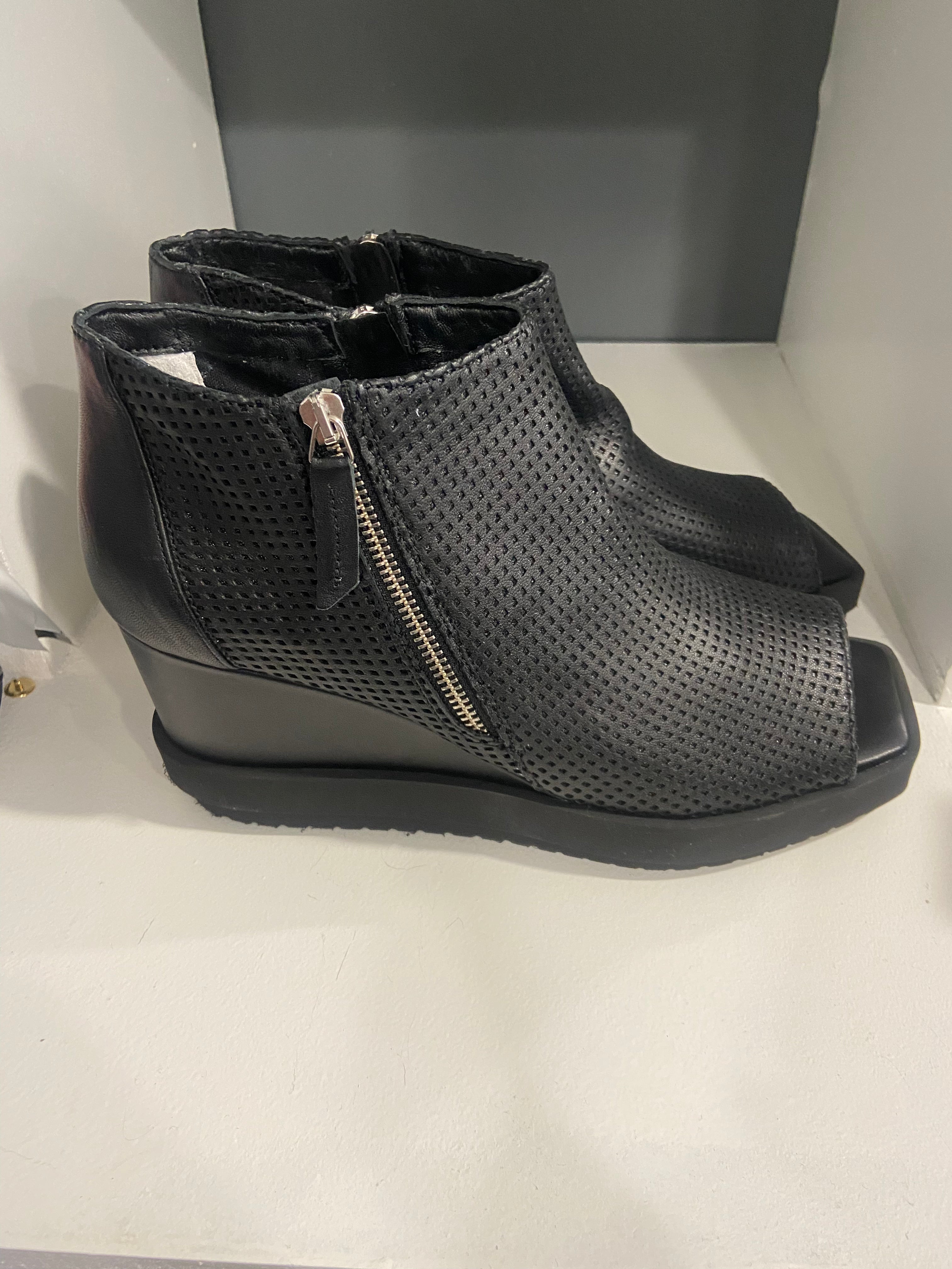 PATRIZIA BONFANTI Reiko Black Lazer Cut Black Wedges with Zip Detail