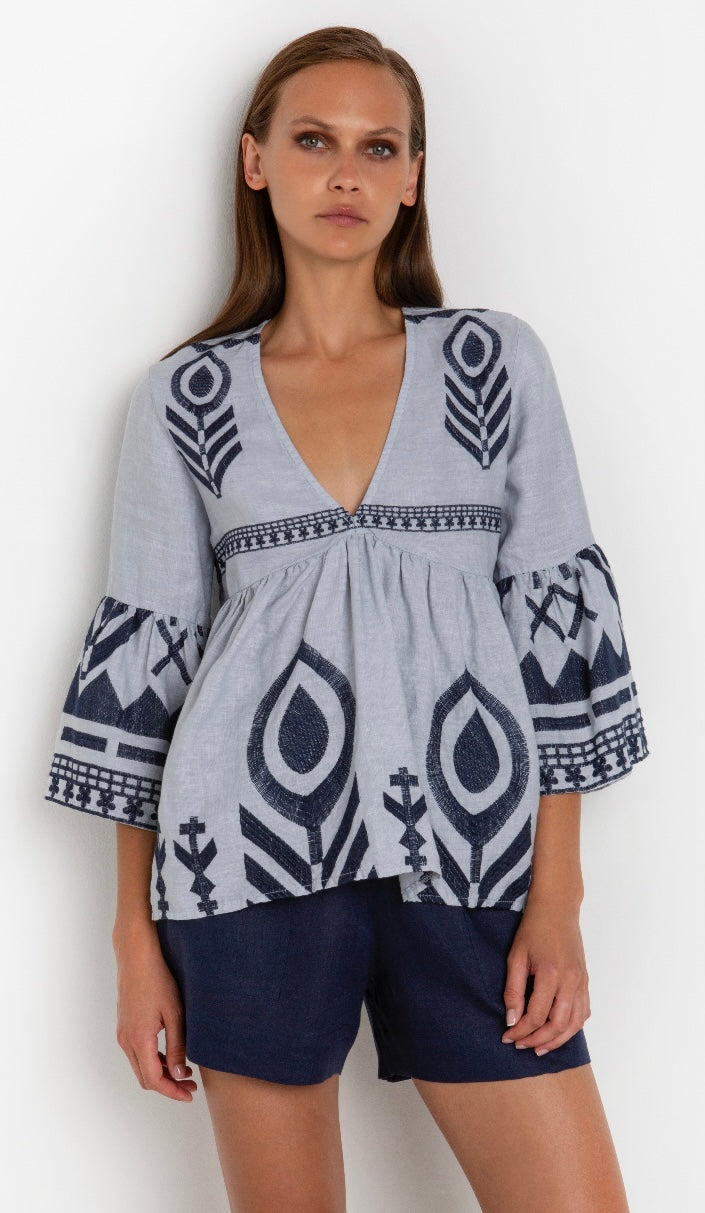 GREEK ARCHAIC KORI BLUE/NAVY V NECK TOP