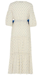 EXQUISE MIDI LENGTH DRESS WITH EMBELLISHMENTS AND COBALT BLUE TIE ON SIDES