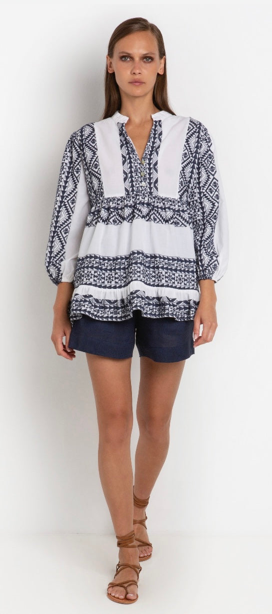 GREEK ARCHAIC KORI NAVY/WHITE EMBROIDERED LONG SLEEVED TOP