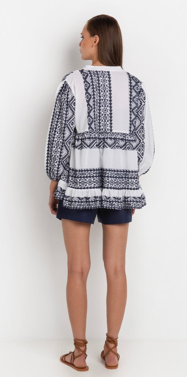 GREEK ARCHAIC KORI NAVY/WHITE EMBROIDERED LONG SLEEVED TOP