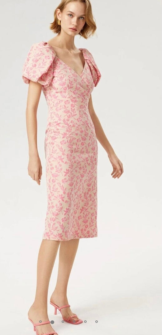 EXQUISE FLORAL PUFF SHOULDER MIDI DRESS,PINK
