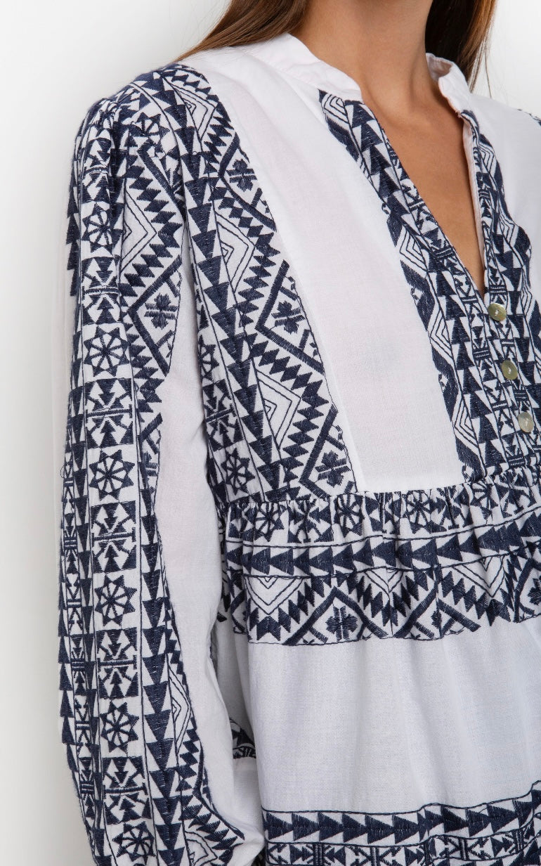 GREEK ARCHAIC KORI NAVY/WHITE EMBROIDERED LONG SLEEVED TOP