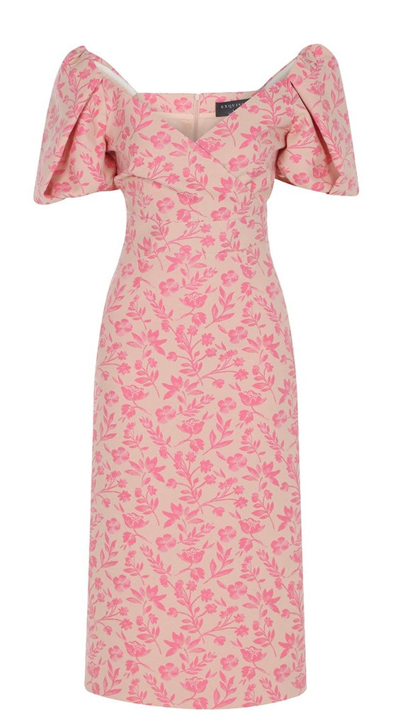EXQUISE FLORAL PUFF SHOULDER MIDI DRESS,PINK
